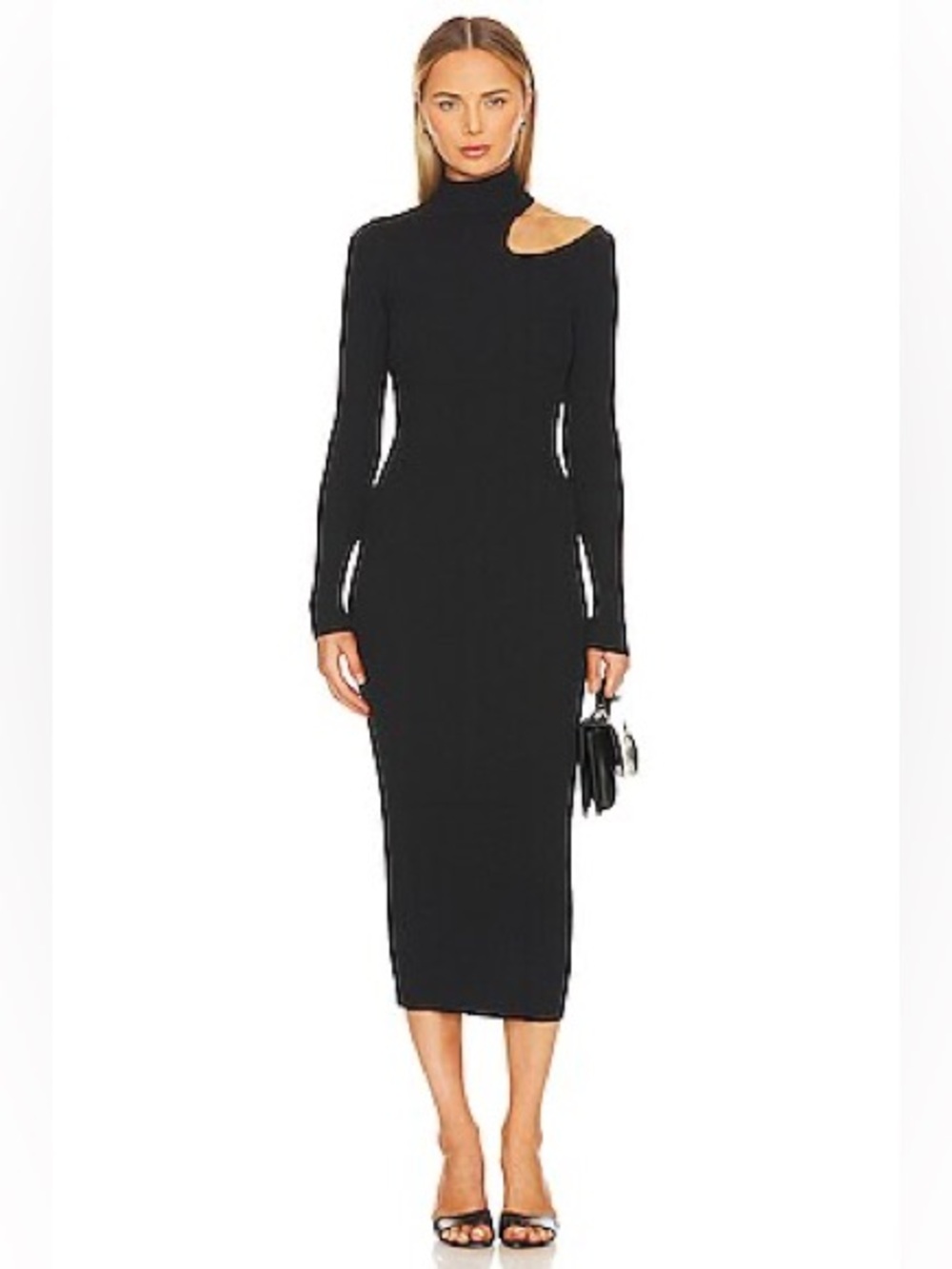 LNA Revolve Black Ribbed Cutout Midi Dress Long Sleeve S